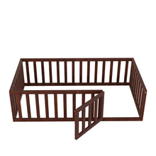 Load image into Gallery viewer, iRerts Twin Floor Bed Frame for Kids Toddlers, Wood Montessori Low Floor Twin Size Bed Frame with Fence Guardrail and Door, kids Twin Bed for Boys Girls, Spring Needed, Walnut
