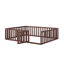 Load image into Gallery viewer, iRerts Queen Floor Bed Frame for Kids Toddlers, Wood Montessori Low Floor Queen Size Bed Frame with Fence Guardrail and Door, kids Queen Bed for Boys Girls, Spring Needed, Walnut
