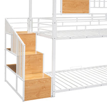 Load image into Gallery viewer, iRerts Twin Over Twin Metal Bunk Bed, House Bunk Bed Frame with Slide and Storage Stair, Twin Low Bunk Beds with Guardrail for Kids Teens Adults Bedroom, No Box Spring Needed, White with White Slide
