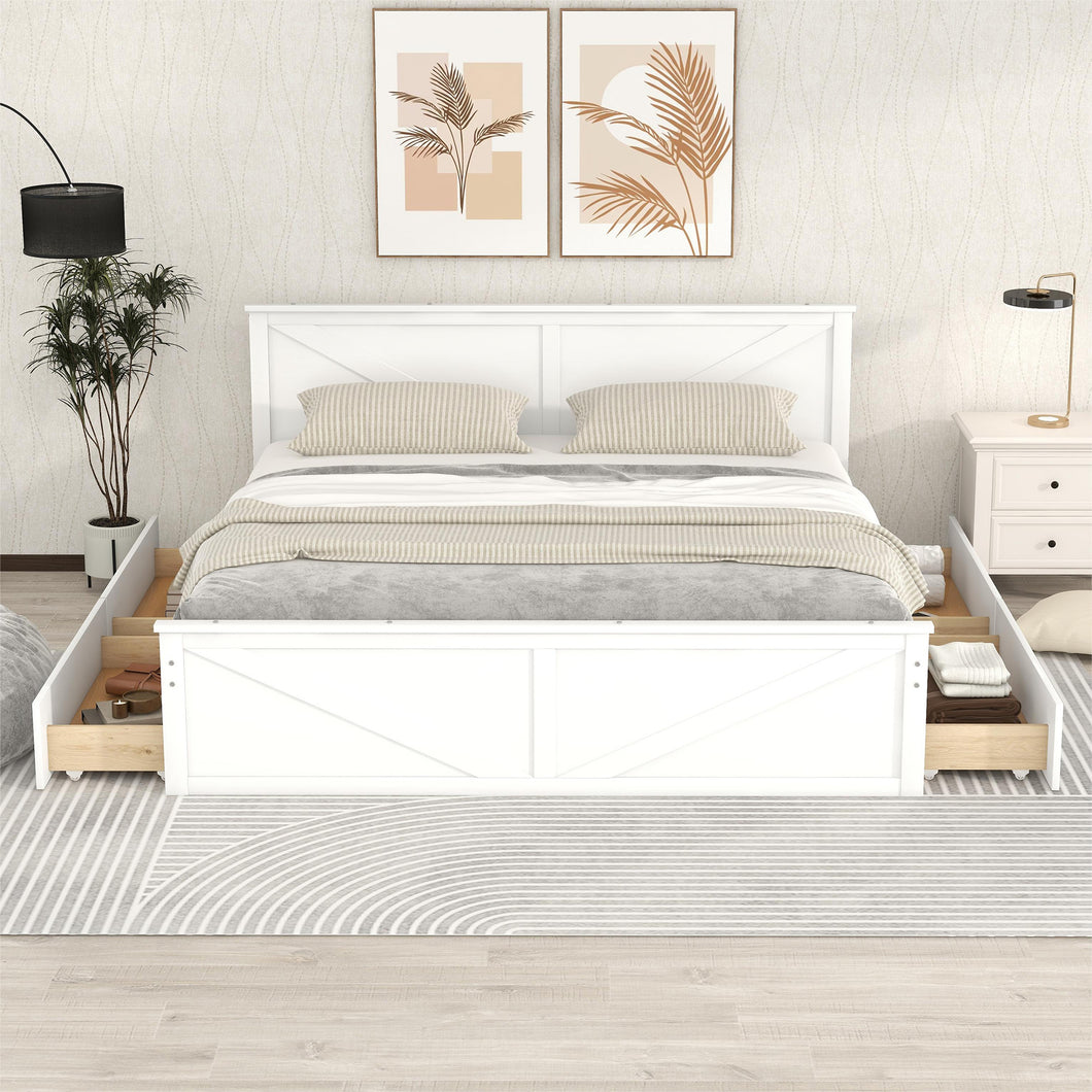 iRerts King Bed Frame with Headboard, Solid Wood King Platform Bed Frame with Storage Drawers, Slats Support and Support Legs, Modern King Size Bed Frame No Box Spring Needed for Bedroom, White