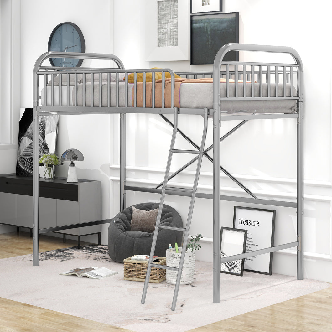 iRerts Twin Size Loft Bed, Metal Loft Bed Twin for Kids Teens Adults, Twin Loft Bed with Ladder and Full-Length Guardrail, Twin Metal Loft Bed for Bedroom Dorm Guest Room, No Box Spring Needed, Silver