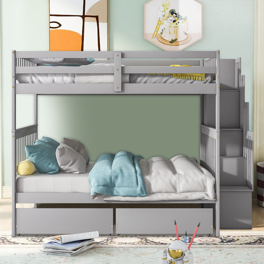 iRerts Bunk Beds Full over Full, Wood Bunk Bed for Kids Teens Adults, Full Over Full Bunk Bed with 2 Drawers and Staircases, Convertible into 2 Beds, Modern Bunk Beds for Bedroom Dorm, Gray