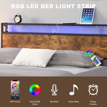 Load image into Gallery viewer, iRerts Queen Platform Bed Frame with Storage, Metal Queen Bed Frame with LED Lights, 2 USB Ports, Storage Headboard, No Box Spring Needed, Industrial Bed Frame Queen Size for Bedroom, Rustic Brown

