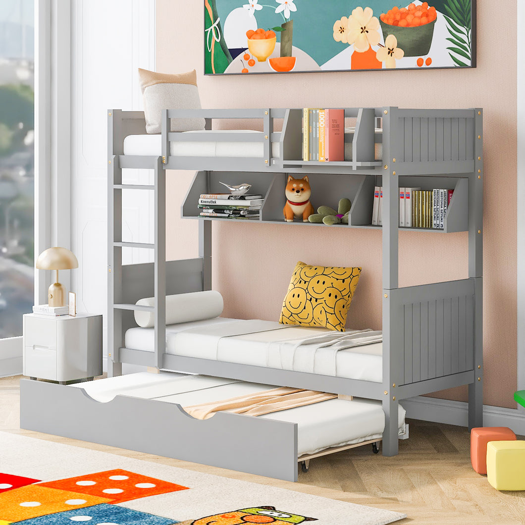 iRerts Twin Over Twin Bunk Bed with Trundle, Wood Twin Bunk Bed with Shelves for Kids Teens Adults, Separable Bunk Bed Twin Over Twin Convertible to 3 Twin Beds, Modern Bunk Bed for Bedroom, Gray
