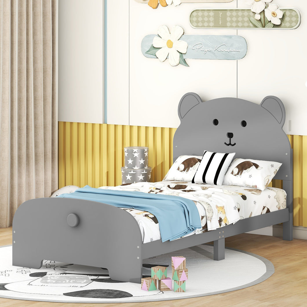 iRerts Twin Bed Frame for Kids Boys Girls, Wood Twin Platform Bed Frame with Bear-shaped Headboard and Footboard, Bed Frame Twin Size with Slats Support, No Box Spring Needed, Gray