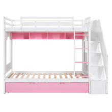 Load image into Gallery viewer, iRerts Twin Over Twin Bunk Bed with Trundle, Solid Wood Bunk Beds Twin over Twin with Storage Cabinet, Stairs and Ladders, Twin Bunk Beds for Kids Teens Bedroom, White/Pink
