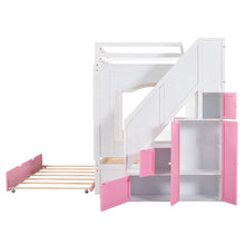 Load image into Gallery viewer, iRerts Wood Bunk Bed Full over Full, Modern Full Over Full Bunk Bed with Trundle, Storage Cabinet, Stairs and Ladders, Full Bunk Beds for Kids Teens Adults Bedroom, White/Pink

