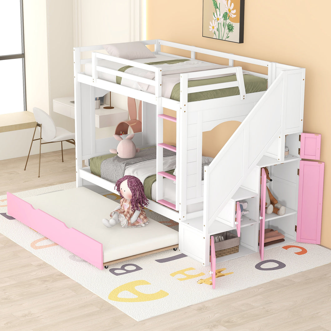 iRerts Twin Over Twin Bunk Bed with Trundle, Solid Wood Bunk Beds Twin over Twin with Storage Cabinet, Stairs and Ladders, Twin Bunk Beds for Kids Teens Bedroom, White/Pink