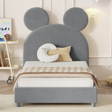 Load image into Gallery viewer, iRerts Twin Bed Frame, Modern Velvet Upholstered Platform Bed Frame with Bear Ear Shaped Headboard, Wooden Slat, Twin Size Low Platform Bed for Kids Boys Girls Bedroom, No Box Spring Needed, Gray
