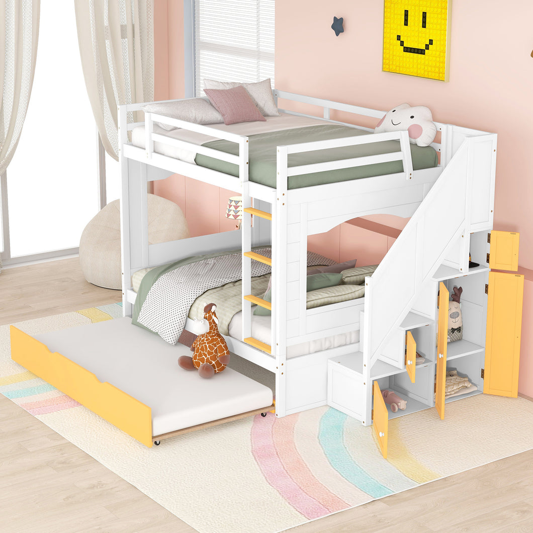 iRerts Wood Bunk Bed Full over Full, Modern Full Over Full Bunk Bed with Trundle, Storage Cabinet, Stairs and Ladders, Full Bunk Beds for Kids Teens Adults Bedroom, White/Yellow