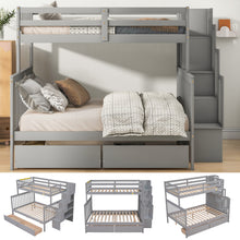 Load image into Gallery viewer, iRerts Bunk Beds Twin Over Full, Wood Bunk Bed for Kids Teens Adults, Twin Over Full Bunk Bed with 2 Drawers and Staircases, Convertible into 2 Beds, Modern Bunk Beds for Bedroom Dorm, Gray
