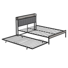Load image into Gallery viewer, iRerts Metal Full Platform Bed Frame with Trundle, Industrial Full Bed Frame with Storage Upholstered Headboard, USB Ports, Socket, Full Size Bed Frame No Box Spring Needed for Bedroom, Black
