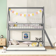 Load image into Gallery viewer, iRerts Twin Over Twin Bunk Bed with Extending Trundle, Wood Bunk Bed Twin Over Twin with Ladder and Roof, Versatility Kids Bunk Bed No Box Spring Needed for Boys Girls Bedroom Furniture, Gray

