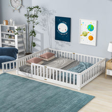Load image into Gallery viewer, iRerts Queen Floor Bed Frame for Kids Toddlers, Wood Low Floor Queen Size Bed Frame with Fence Guardrail and Door, kids Queen Bed for Boys Girls, No Box Spring Needed, White
