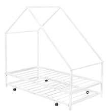 Load image into Gallery viewer, iRerts Twin Size Metal House Bed Frame with Trundle, Modern Twin Platform Bed Frame with Metal Slats, Twin Bed Frame No Box Spring Needed, Twin Size Bed Frame for Kids Bedroom, White
