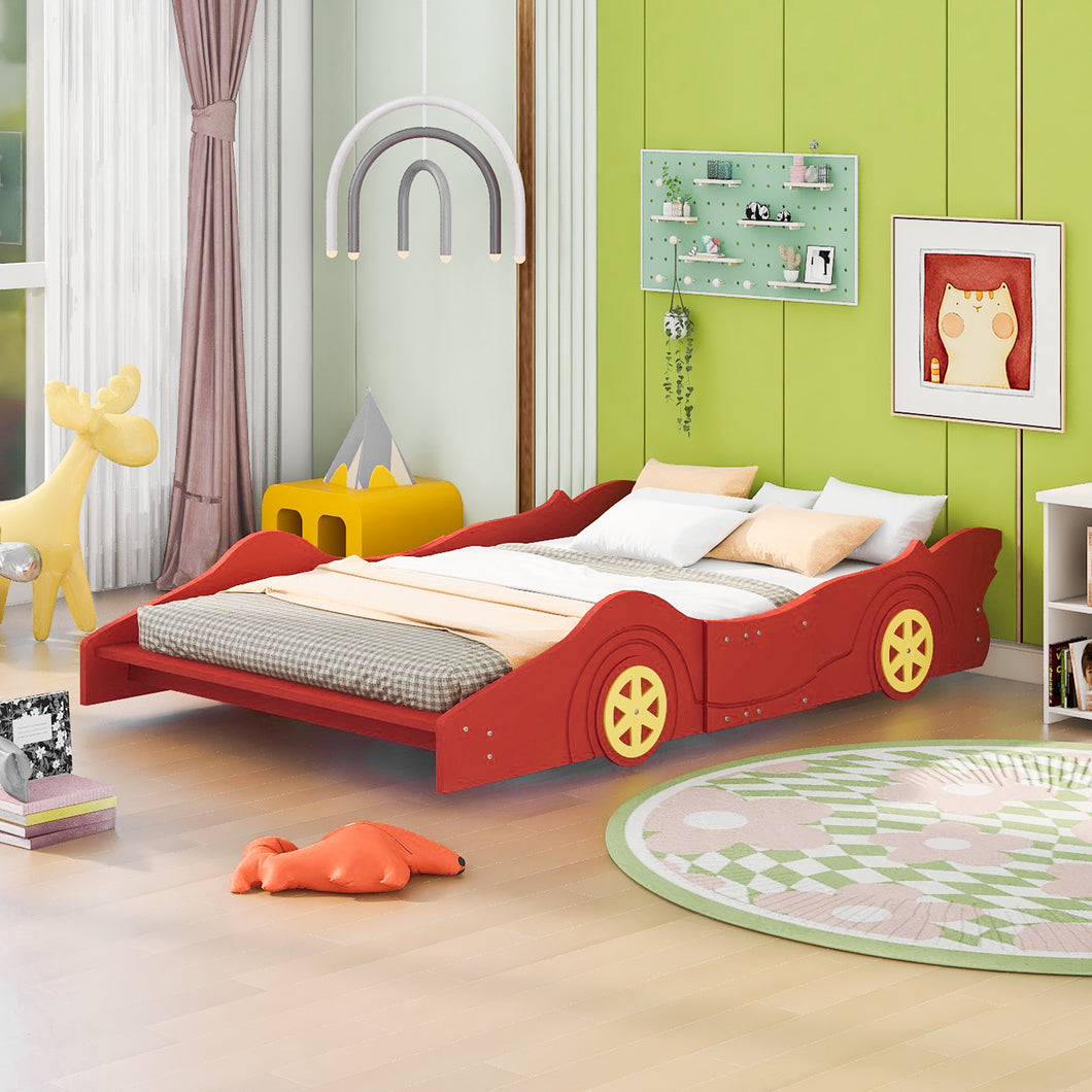 iRerts Race Car Shaped Full Bed Frame, Wood Full Platform Bed Frame for Kids Toddlers, Children Full Size Platform Bed with Wheels, Wooden Slats, No Box Spring Needed, Red