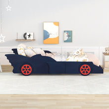 Load image into Gallery viewer, iRerts Race Car Shaped Twin Bed Frame, Wood Twin Platform Bed Frame for Kids Toddlers, Children Twin Size Platform Bed with Wheels, Wooden Slats, No Box Spring Needed, Blue/Red

