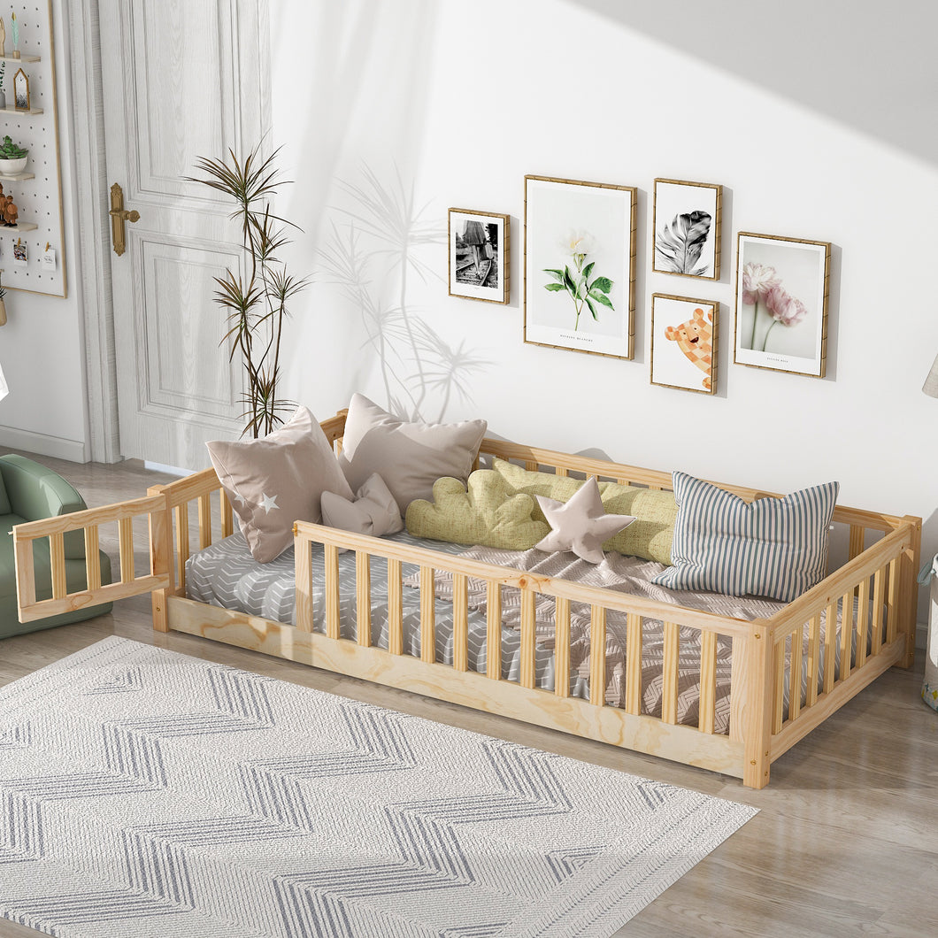 iRerts Twin size Floor Platform Bed, Wood Twin Floor Bed Frame for Kids Toddlers, Low Floor Twin Size Bed Frame with Fence Guardrail, Door, kids Twin Bed for Boys Girls, No Box Spring Needed, Natural