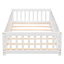 Load image into Gallery viewer, iRerts Twin Floor Bed Frame for Kids Toddlers, Wood Low Floor Twin Size Bed Frame with Fence Guardrail and Door, kids Twin Bed for Boys Girls, No Box Spring Needed, White
