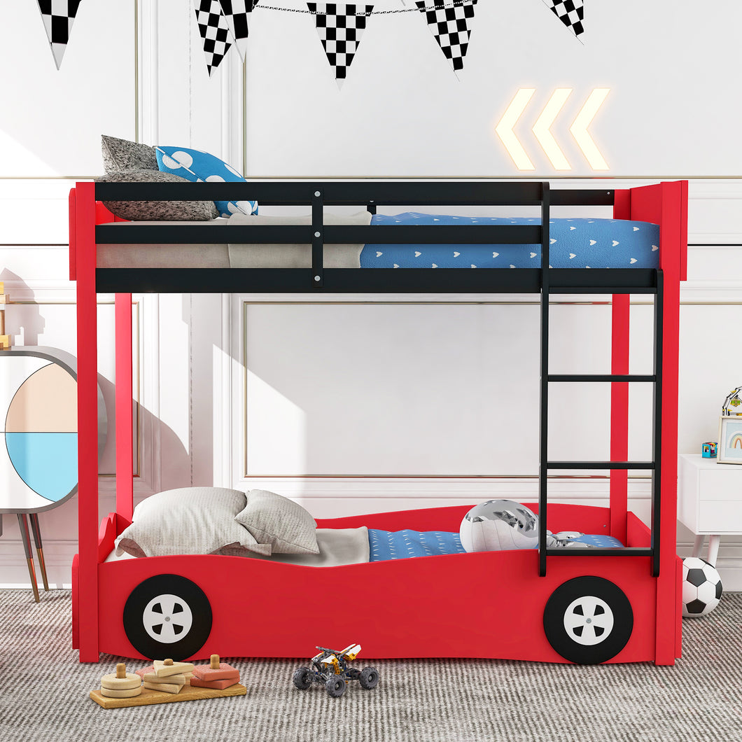 iRerts Wood Twin over Twin Bunk Bed, Car-Shaped Bunk Beds for Kids  Boys Girls, Kids Bunk Beds Twin over Twin with Wheels, Full-Length Guardrail, Ladder, No Box Spring Needed, Red