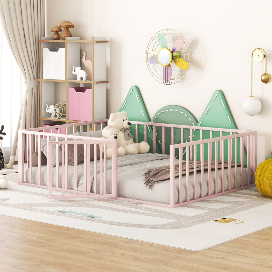 iRerts Full Floor Bed Frame, Metal Full Size Montessori Floor Bed Frame with Fence and Door, Kids Toddler Floor Bed Frame Full Size for Girls Boys, Twin Bed Frame without Bed Slats, Pink