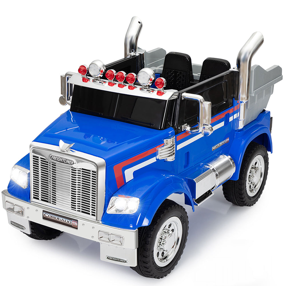 iRerts Blue 12V Battery Powered Ride on Cars Trucks with Remote Control, Kids Ride on Toys with Spring Suspension, 3 Speeds, LED Headlight, Music, Safety Belt, Battery Display, Storage Toolbox