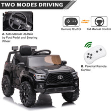 Load image into Gallery viewer, iRerts Black 12V Toyota Tacoma Powered Ride On Cars with Remote Control, USB, AUX, MP3, FM Function, LED Headlight

