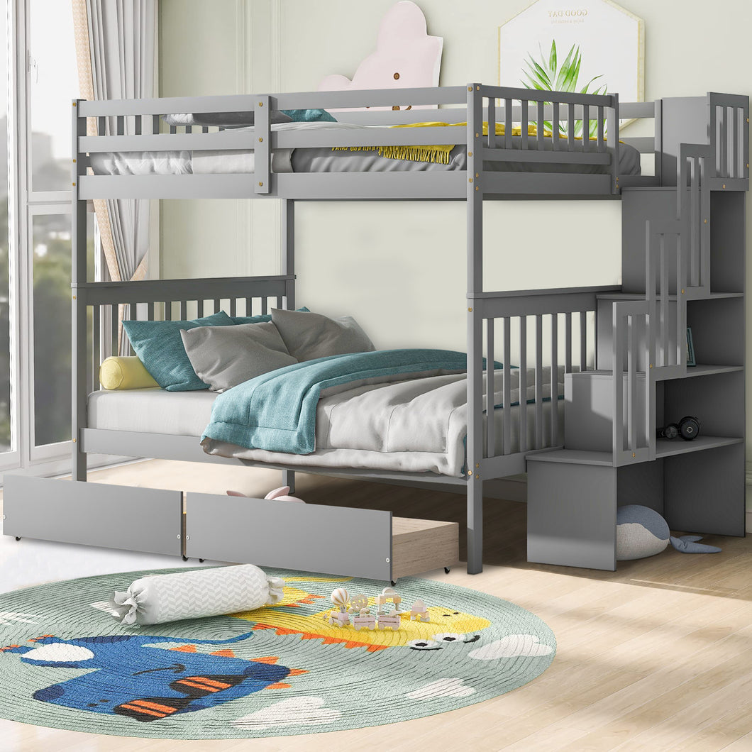 iRerts Full Over Full Bunk Bed, Wood Bunk Beds Full over Full with 2 Drawers and Staircases, Convertible into 2 Beds, Bunk Beds for Kids Teens Adults, Bunk Bed for Bedroom, No Box Spring Needed, Gray