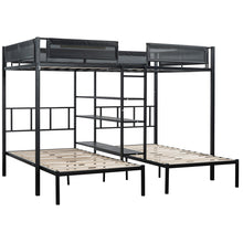 Load image into Gallery viewer, Metal Triple Bunk Beds, iRerts Triple Full Bunk Bed for Kids Teens Adults, Full Over Twin Over Twin Bunk Bed with Shelves and Guardrails, Full over Twin Beds for Dormitory Kids Room, Black
