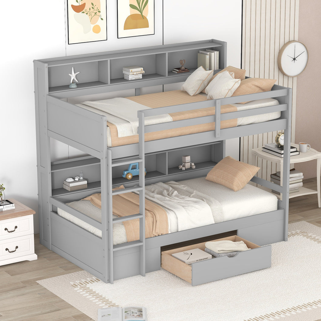 iRerts Twin Over Twin Bunk Bed with Storage Drawer, Wood Twin Bunk Bed with Built-in Shelves Beside Both Upper and Down Bed, Bunk Bed Twin Over Twin for Kids Teens Bedroom, No Box Spring Needed, Gray
