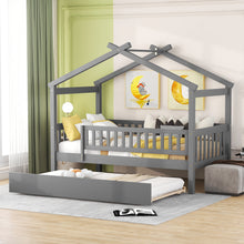 Load image into Gallery viewer, Twin Bed Frame with Twin Size Trundle, iRerts Wood Twin House Bed  with Roof, Modern Twin Platform Bed Frame No Box Spring Needed, Twin Size Bed Frame for Kids Boys Girls Bedroom, Gray
