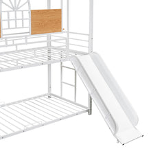 Load image into Gallery viewer, iRerts Twin Over Twin Metal Bunk Bed, House Bunk Bed Frame with Slide and Storage Stair, Twin Low Bunk Beds with Guardrail for Kids Teens Adults Bedroom, No Box Spring Needed, White with White Slide
