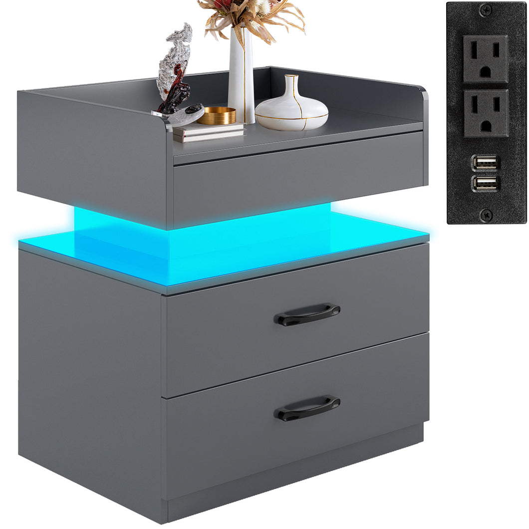 iRerts Nightstand for Bedroom, Wood End Side Table with Charging Station, USB Ports, 16 LED Lights, 2 Storage Drawers, Modern Bedside Table LED Nightstand for Bedroom Living Room, Gray