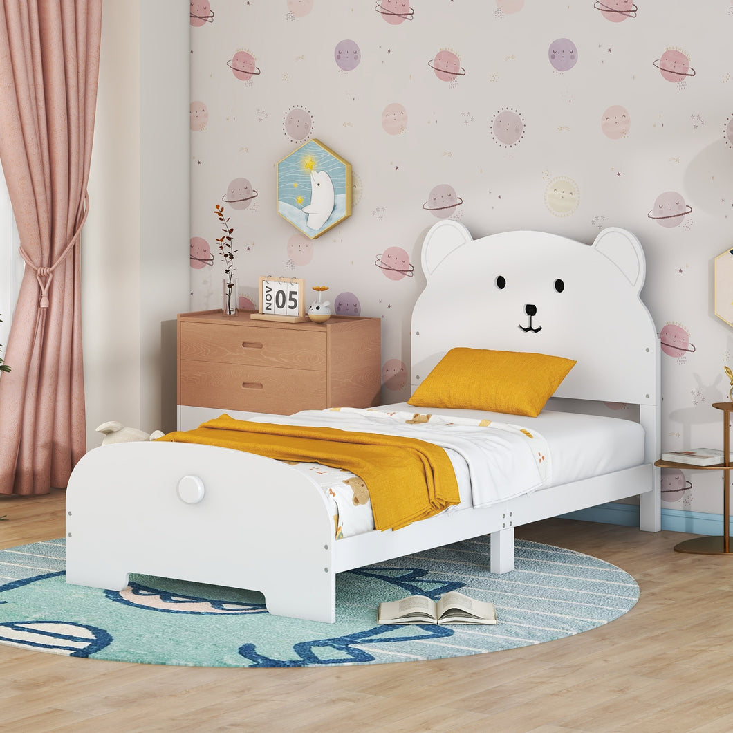 iRerts Twin Bed Frame for Kids Boys Girls, Wood Twin Platform Bed Frame with Bear-shaped Headboard and Footboard, Bed Frame Twin Size with Slats Support, No Box Spring Needed, White