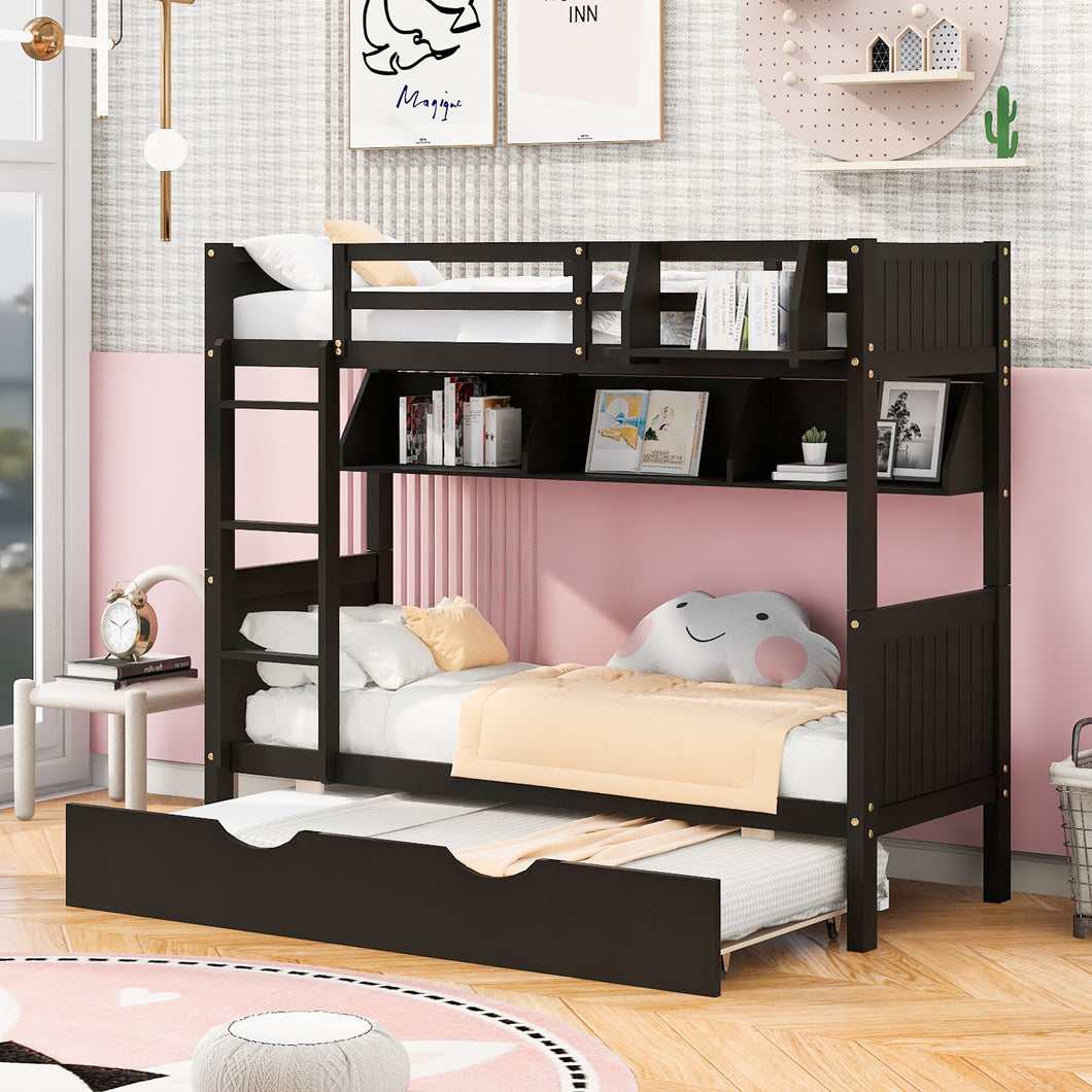 iRerts Twin Over Twin Bunk Bed with Trundle, Wood Twin Bunk Bed with Shelves for Kids Teens Adults, Separable Bunk Bed Twin Over Twin Convertible to 3 Twin Beds, Modern Bunk Bed for Bedroom, Espresso