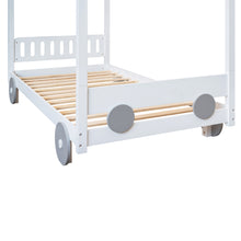 Load image into Gallery viewer, iRerts Wood Twin Size Canopy Bed, Car-Shaped Twin Platform Bed Frame for Kids Toddlers Boys Girls, Cute Kids Twin Bed Frame with Slats Support for Kids Bedroom, No Box Spring Needed, White
