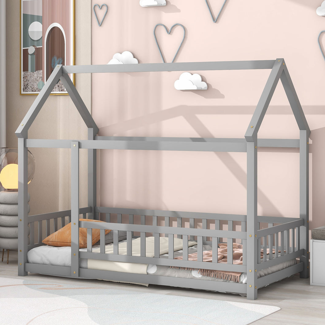 iRerts Floor Twin Bed Frame, Wooden Twin Size Bed Frame for Girls Boys, Twin Bed Frame with House Roof Frame and Fence Guardrails, Toddler House Twin Bed Frame for Kids Bedroom Living Room, Gray