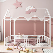 Load image into Gallery viewer, iRerts Twin Bed Frame Floor Bed, Metal Kids Twin Bed Frame with House Roof Frame, Floor Twin Bed Frame for Toddlers Girls Boys Bedroom, House Floor Bed Frame with Fence Guardrails, White
