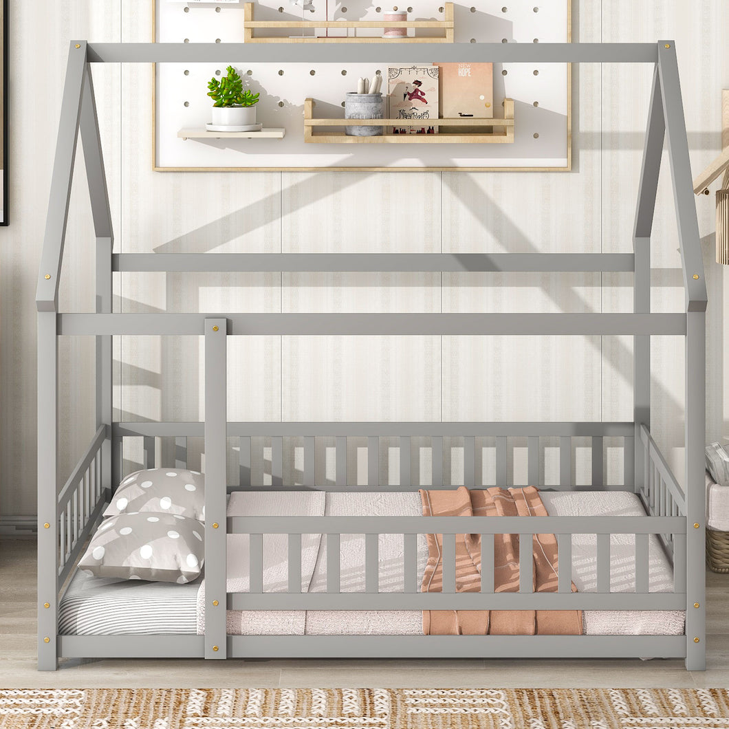 iRerts Full Bed Frame Floor Bed, Wooden Kids Full Bed Frame with House Roof Frame, Floor Full Bed Frame for Toddlers Girls Boys Bedroom, House Floor Bed Frame with Fence Guardrails, Gray