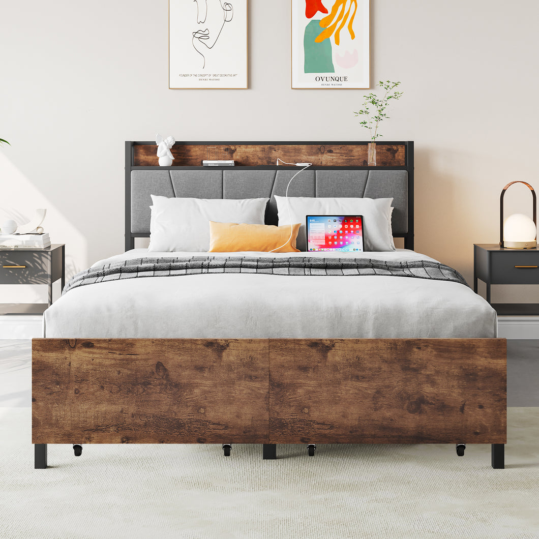 iRerts Metal Full Bed Frame with Storage Drawers, Full Size Platform  Bed Frame with Storage Headboard, Charging Station, Full Size Bed Frame No Box Spring Needed for Bedroom, Brown/Black