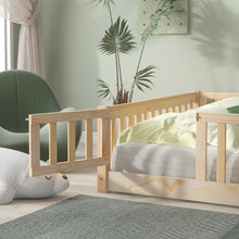 Load image into Gallery viewer, iRerts Full Floor Bed Frame for Kids Toddlers, Wood Low Floor Full Size Bed Frame with Fence Guardrail and Door, kids Full Bed for Boys Girls, No Box Spring Needed, Natural
