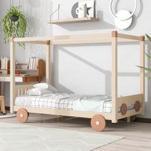 Load image into Gallery viewer, iRerts Wood Twin Size Canopy Bed, Car-Shaped Twin Platform Bed Frame for Kids Toddlers Boys Girls, Cute Kids Twin Bed Frame with Slats Support for Kids Bedroom, No Box Spring Needed, Natural
