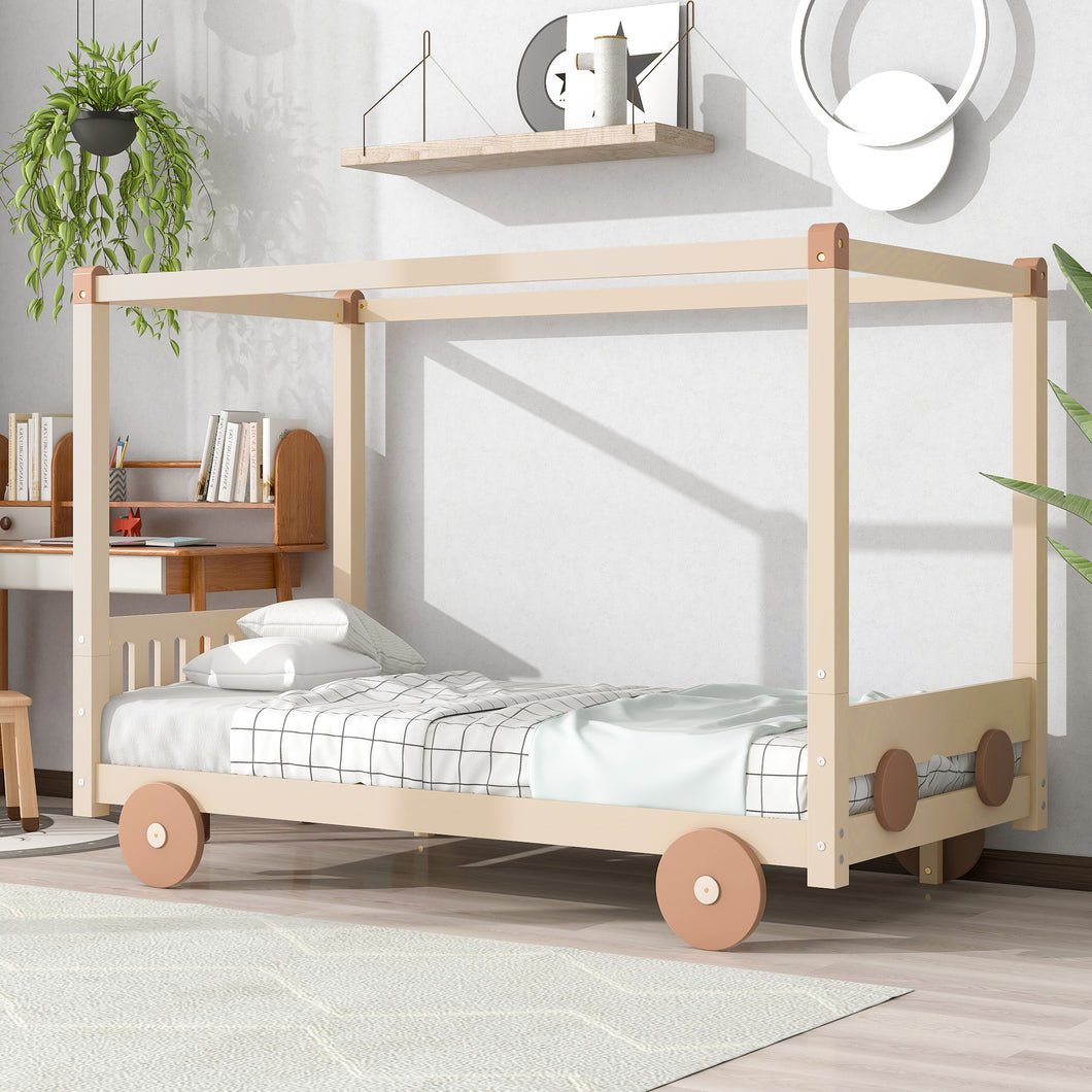 iRerts Wood Twin Size Canopy Bed, Car-Shaped Twin Platform Bed Frame for Kids Toddlers Boys Girls, Cute Kids Twin Bed Frame with Slats Support for Kids Bedroom, No Box Spring Needed, Natural