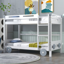 Load image into Gallery viewer, iRerts Wood Twin over Twin Bunk Bed, Car-Shaped Bunk Beds for Kids  Boys Girls, Convertible Bunk Beds Twin over Twin with Wheels, Full-Length Guardrail, Ladder, No Box Spring Needed, White
