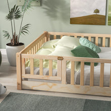 Load image into Gallery viewer, iRerts Full size Floor Platform Bed, Wood Full Floor Bed Frame for Kids Toddlers, Low Floor Full Size Bed Frame with Fence Guardrail, Door, kids Full Bed for Boys Girls, No Box Spring Needed, Natural
