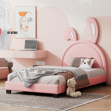 Load image into Gallery viewer, iRerts Twin Size Upholstered Platform Bed, Cute Twin Bed Frame for Kids Teens Bedroom, Twin Platform Bed Frame with Rabbit Ears Headboard, Kids Twin Bed Frame No Box Spring Needed, Pink

