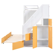 Load image into Gallery viewer, iRerts Wood Bunk Bed Twin over Twin , Modern Twin Over Twin Bunk Bed with Trundle, Storage Cabinet, Stairs and Ladders, Twin Bunk Beds for Kids Teens Adults Bedroom, White/Yellow
