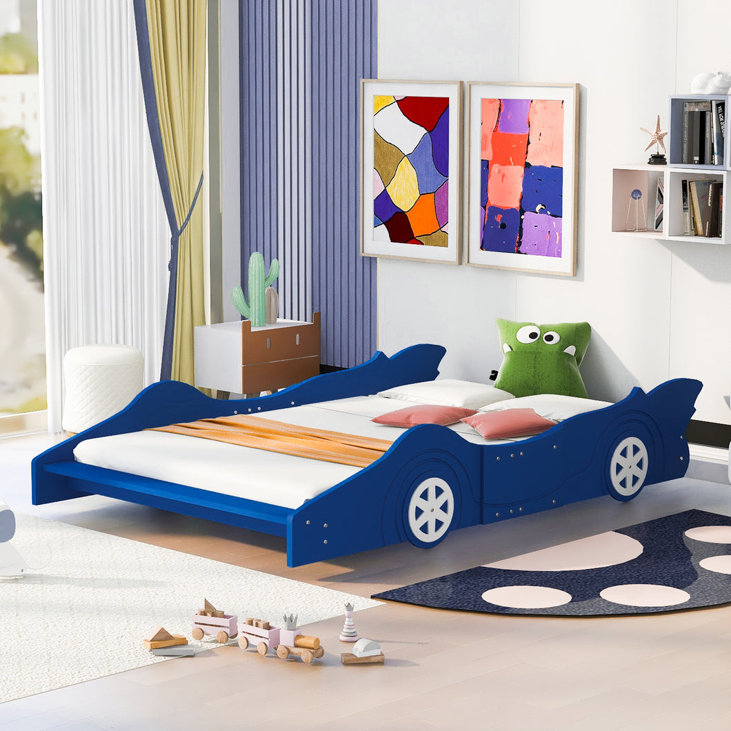 iRerts Full Size Race Car Bed Frame with Wheels, Wood Full Platform Bed Frame with Support Slats, Kids Full Bed Frame for Kids Boys Girls Teens Bedroom, No Box Spring Needed, Blue