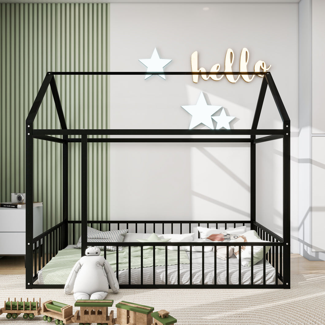 iRerts Twin Bed Frame Floor Bed, Metal Kids Twin Bed Frame with House Roof Frame, Floor Twin Bed Frame for Toddlers Girls Boys Bedroom, House Floor Bed Frame with Fence Guardrails, Black