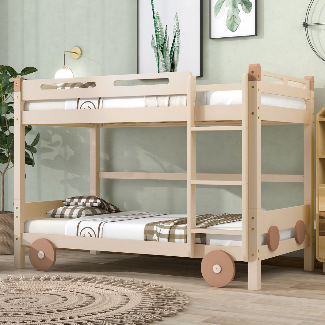 iRerts Wood Twin over Twin Bunk Bed, Car-Shaped Bunk Beds for Kids  Boys Girls, Convertible Bunk Beds Twin over Twin with Wheels, Full-Length Guardrail, Ladder, No Box Spring Needed, Natural